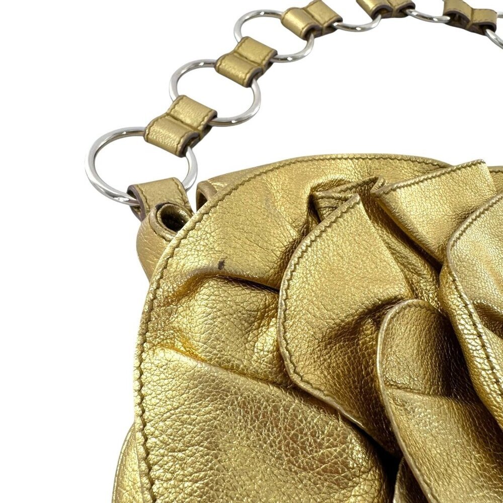 YSL Saint Laurent Rive Gauche Metallic Gilt Gold Leather Rose Baguette Bag - Picture 11 of 12